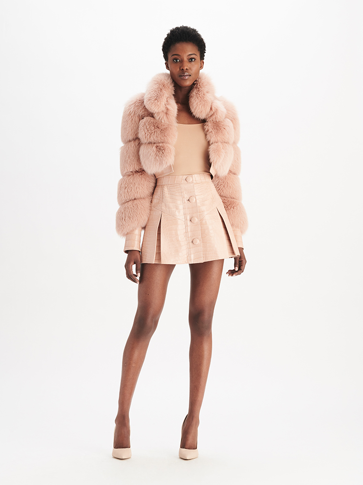 e1972 Blush Faux Fur Jacket and Faux Alligator Mini Skirt, Full Look