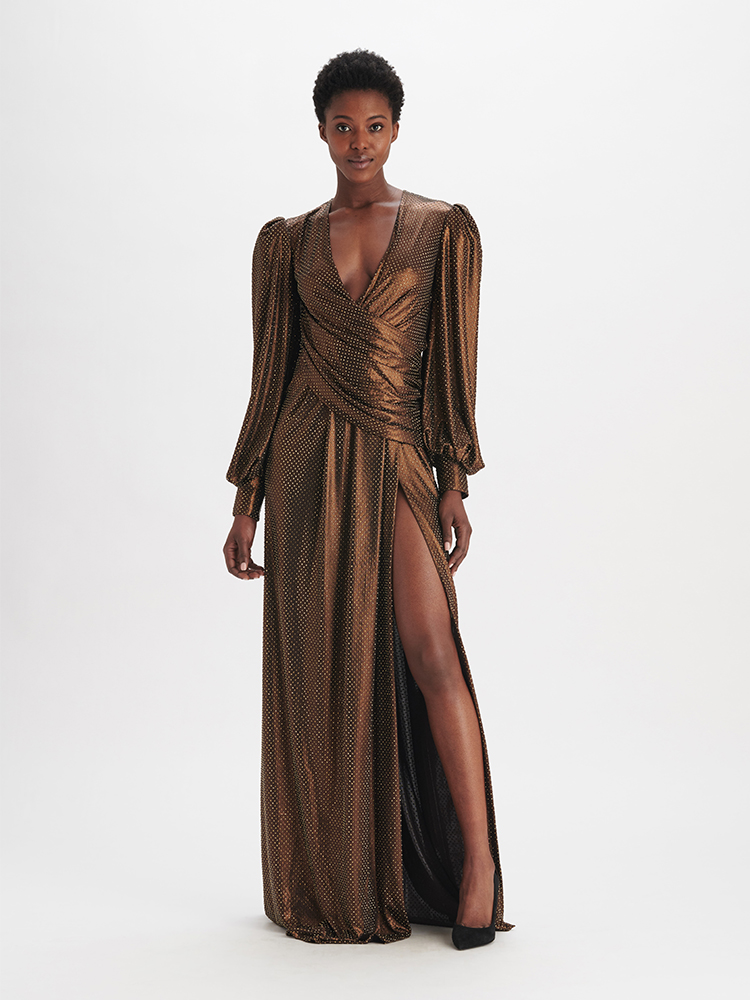 e1972 Swarovski Bronze Wrap Gown, Front View