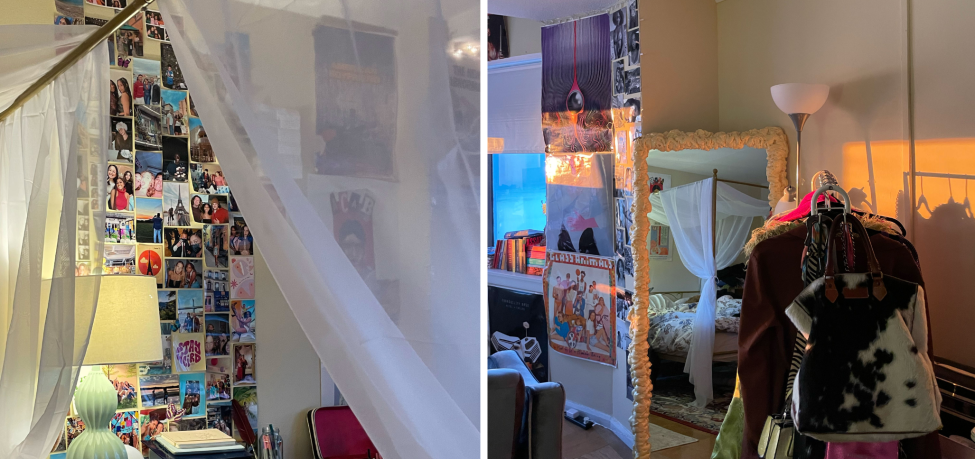 (From left to right) Adore decorated the vertical space in her bedroom with lots of photos and posters; a full-length mirror shows off one post of her canopy princess bed. All photos courtesy of Madison Adore.