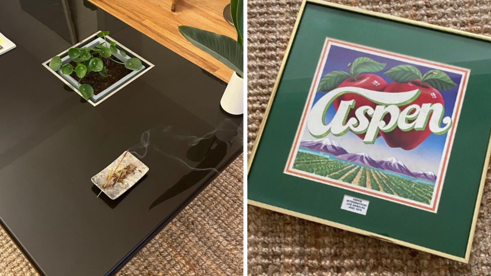 Some of Quinn Garvey's (@vintageonq) favorite finds are a lacquered coffee table with a built-in ice bucket (now a plant holder) and a vintage soda company poster.