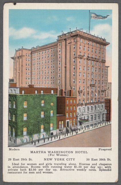 A postcard depicting the Martha Washington Hotel.