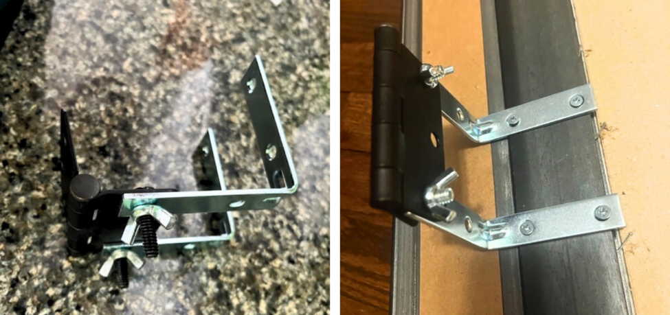 I used a screw and a washer to affix each hinge to two brackets. Next, I used short wood screws and washers to secure the brackets to the backside of the frame. These should end at the very top of your frame, otherwise your frame will not be able to tilt up a full 90 degrees.