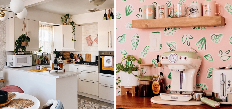 (From left to right) Stacy's renovated kitchen; her coffee station. Photo courtesy of Stacy M.