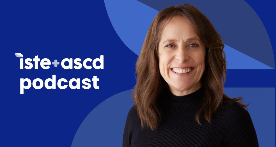 Portrait style photo of interviewee Jen Schwanke against a blue background overlaid with the title "iste+ascd podcast."