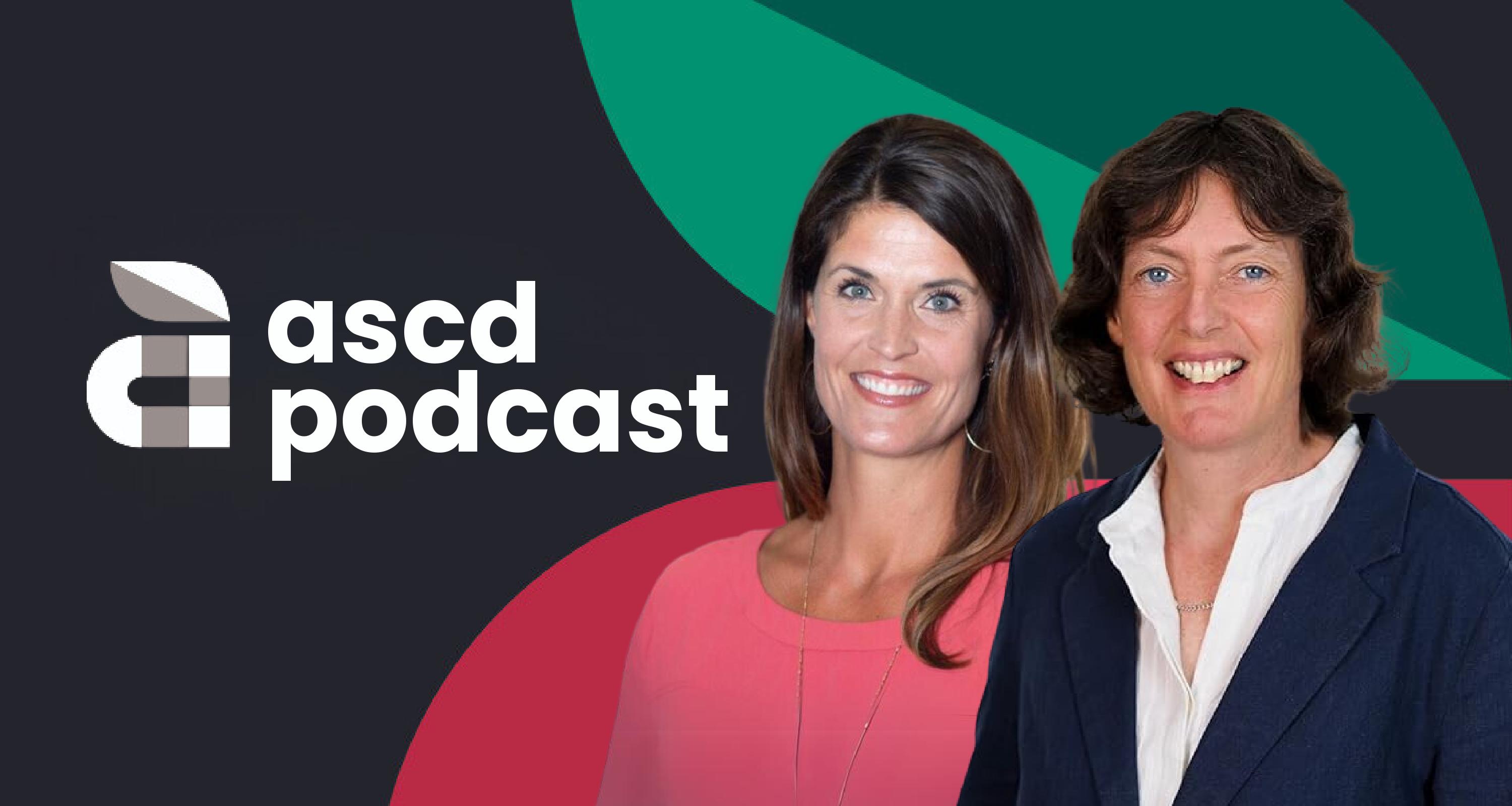 Portraits of podcast interviewees in front of "ascd podcast" text and ASCD's apple logo against a dark grey background