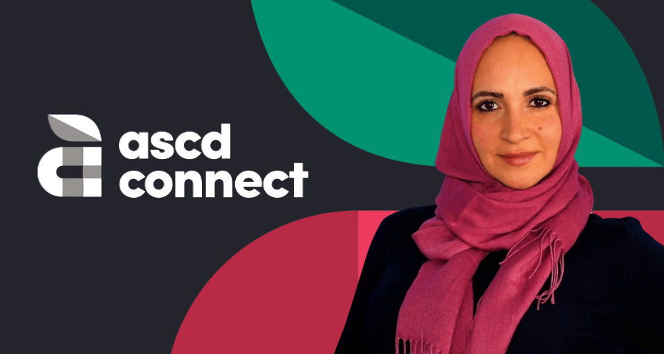 portrait of Huda Essa with "ASCD Connect" text in foreground and ASCD apple logo against a black background