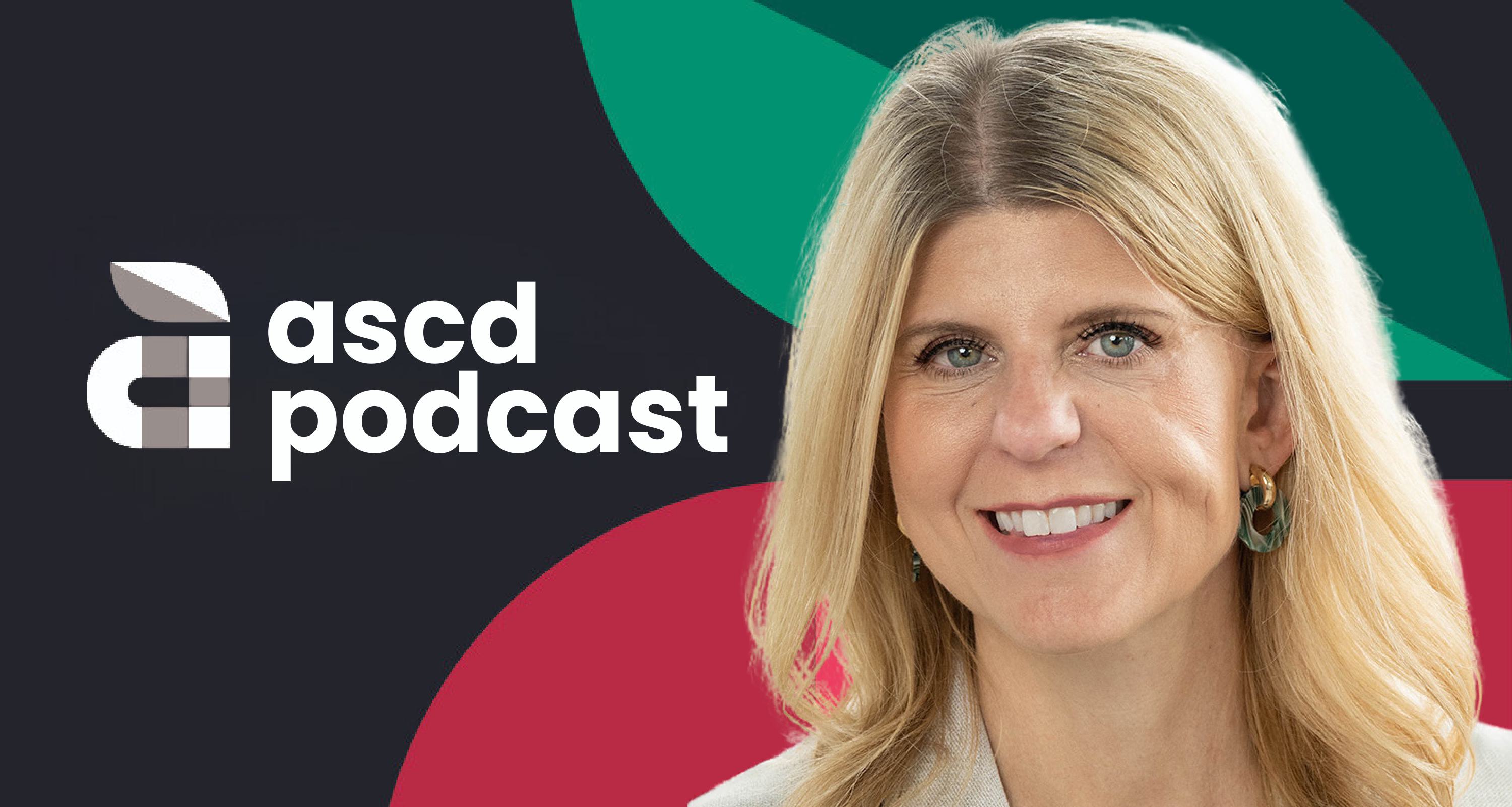 Portrait of interviewee Meredith McNerney against a dark grey background with the ASCD apple logo