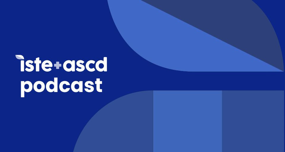 Portrait style photo of interviewee Deborah Moroney against a blue background overlaid with the title "iste+ascd podcast."