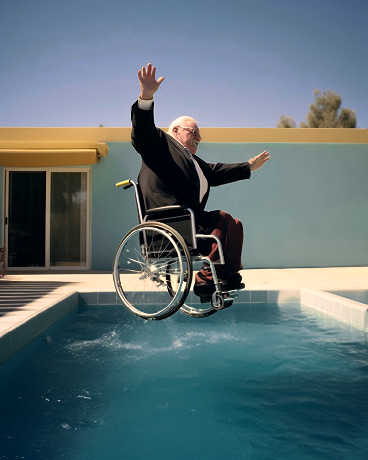 tinbrane a man in a wheelchair jumps into the pool . facing fro 048bbd3a-6ef8-4703-baa0-0011dc97f6e6