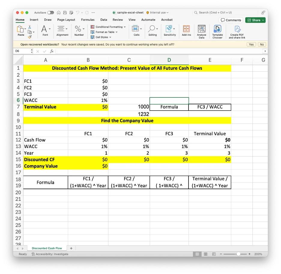 A screenshot of an Excel Sheet, shows an example set of company data on revenue and an example formula for calculating a company value result. Headings such as "find company value" are highlighted in bright yellow.