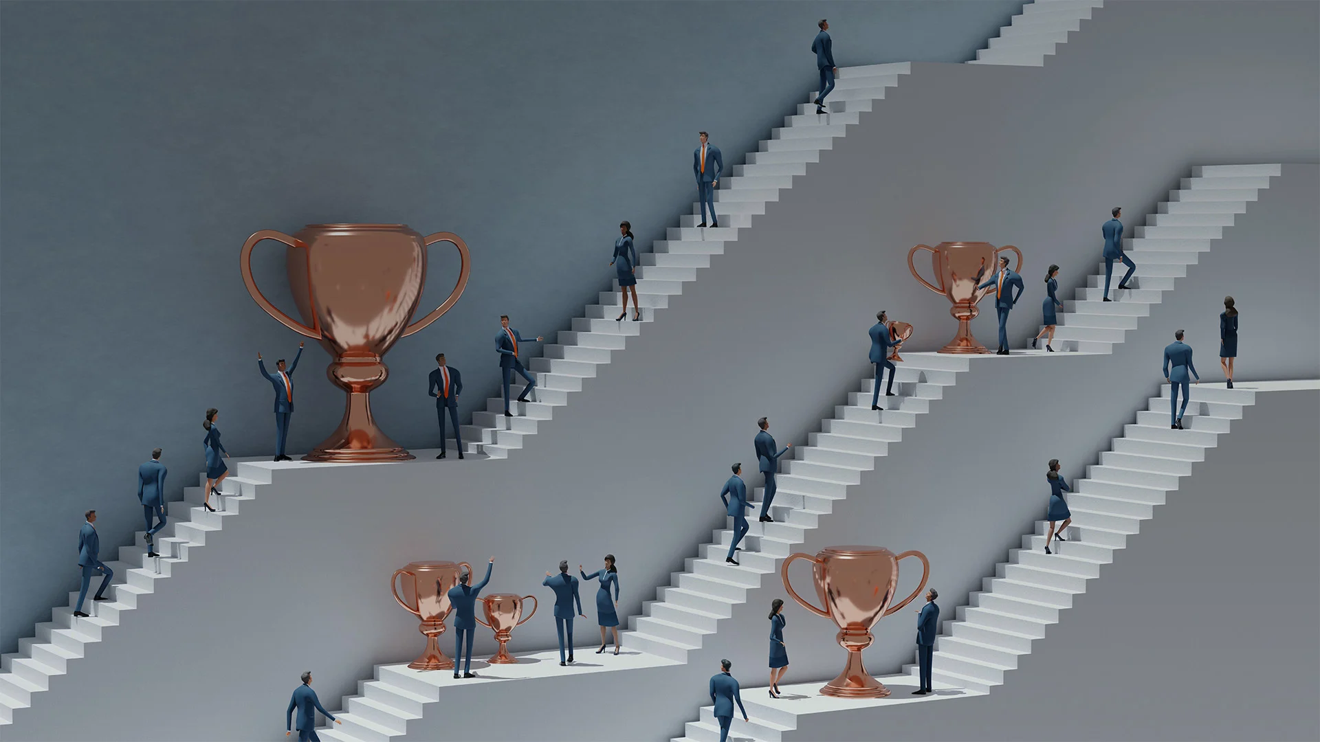 A visual representation of the business journey: individuals and teams ascending staircases to reach coveted golden trophies, highlighting competition and progress.