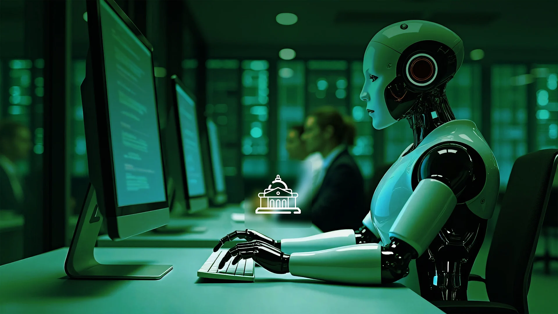Robots with artificial intelligence operating computers in a contemporary office or data center. In the office, humans and a futuristic robot with artificial intelligence coexist. Business assistance
