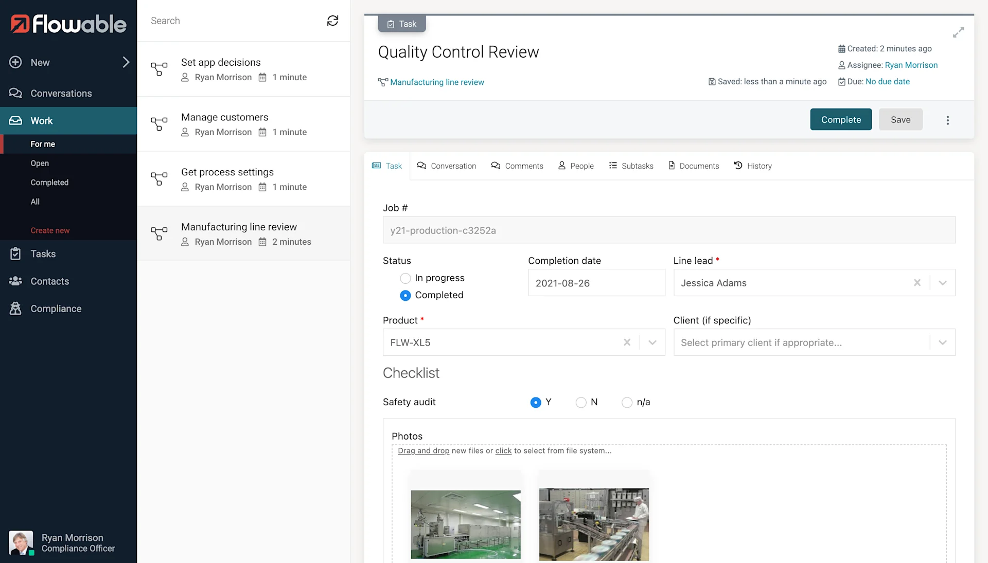 Manufacturing industry solution page application in Flowable
