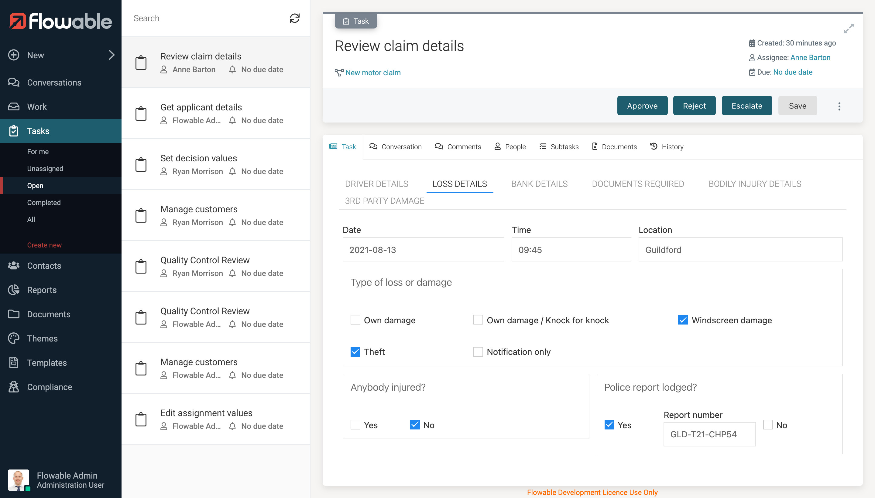 Insurance industry solution page application in Flowable
