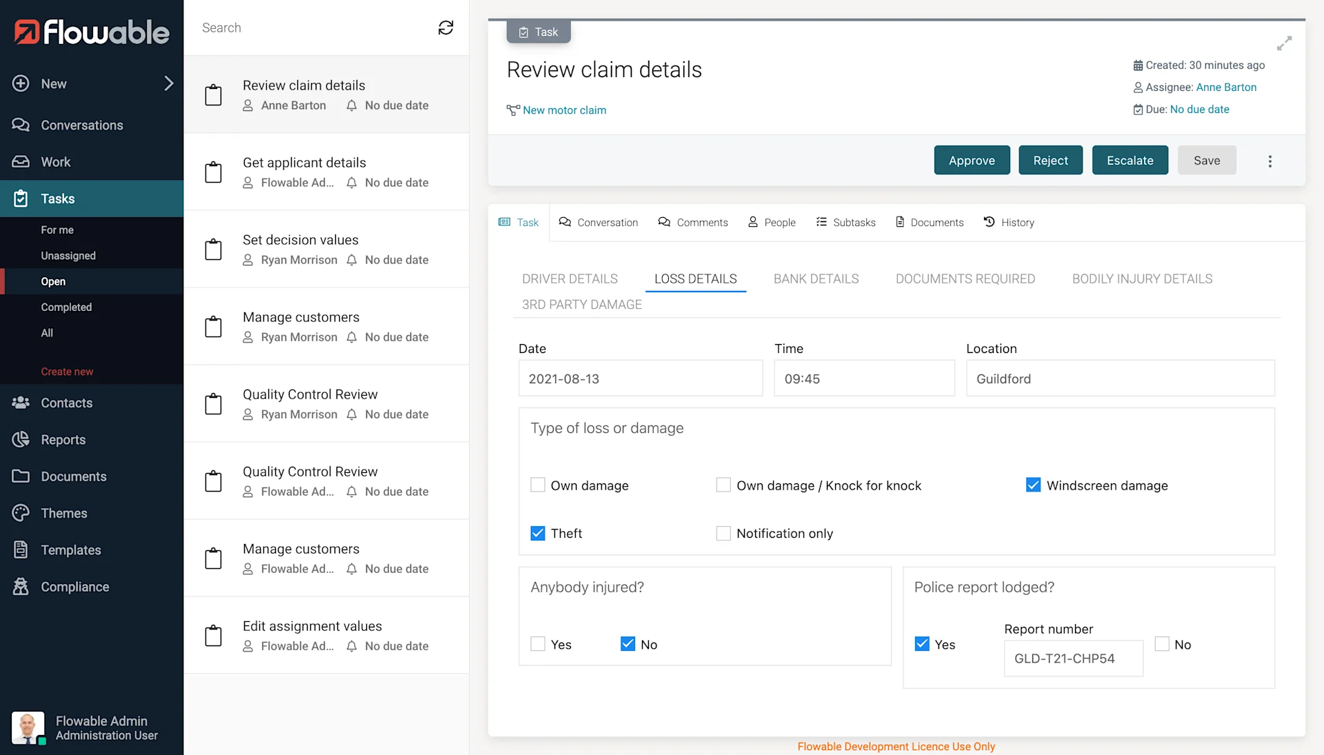 Insurance industry solution page application in Flowable