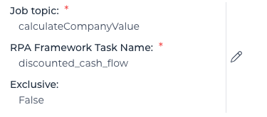 Text fields in Flowable Design show Job Topic and RPA Framework Task Name edit options within an automation model creation.