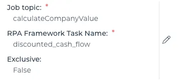 Text fields in Flowable Design show Job Topic and RPA Framework Task Name edit options within an automation model creation.