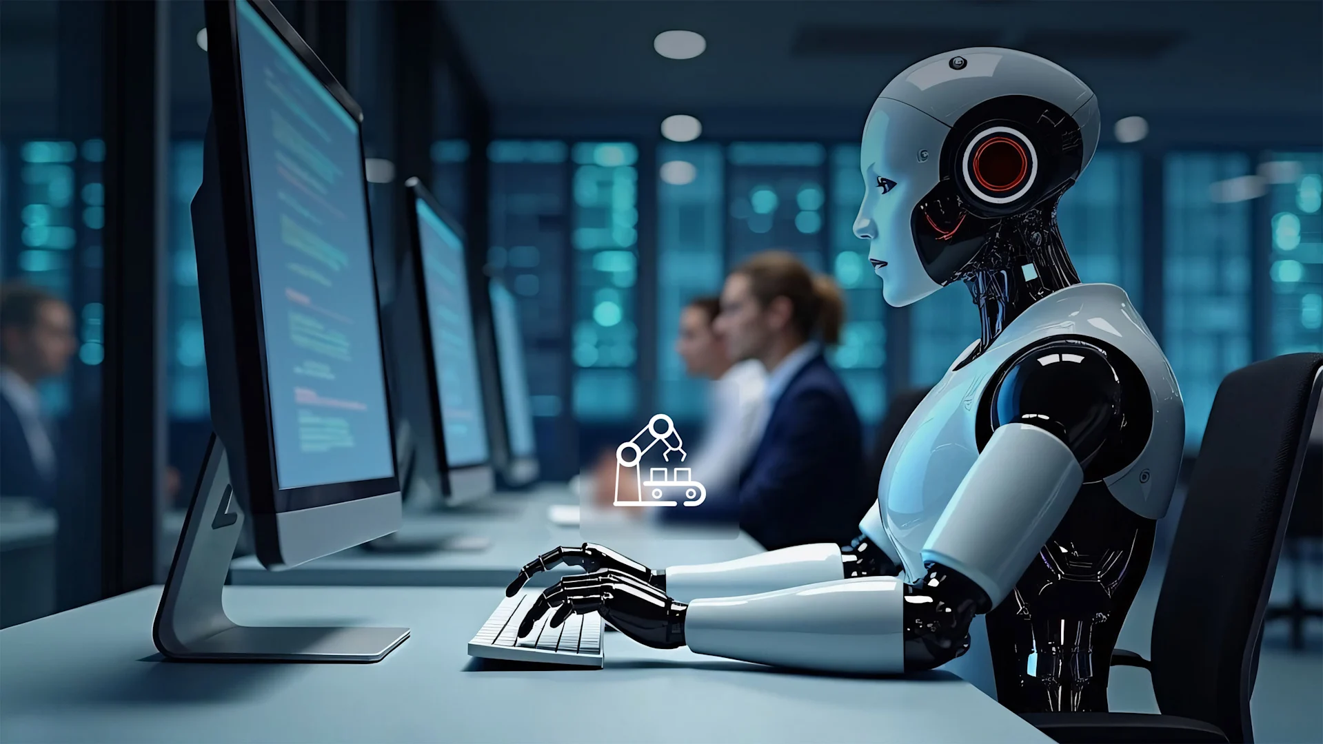 Robots with artificial intelligence operating computers in a contemporary office or data center. In the office, humans and a futuristic robot with artificial intelligence coexist. Business assistance