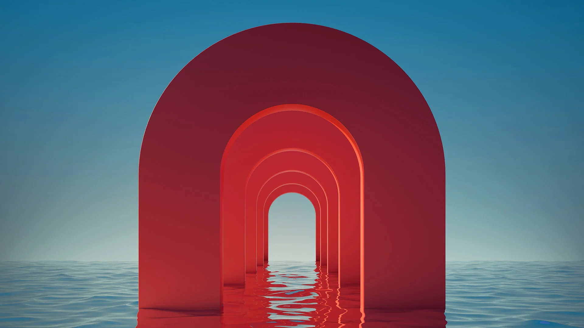 Abstract panoramic background with red arches in the water, under the blue sky. Modern minimal scene for product presentation