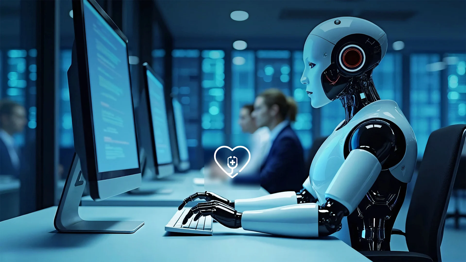 Robots with artificial intelligence operating computers in a contemporary office or data center. In the office, humans and a futuristic robot with artificial intelligence coexist. Business assistance