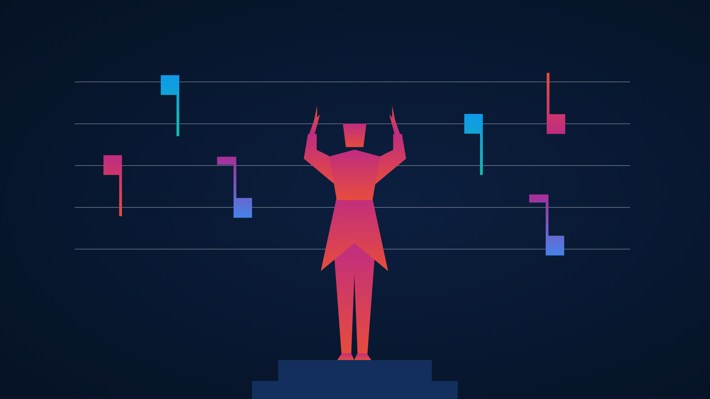 Metaphorical image of a conductor orchestrating musical notes that represent AI agents. This is a symbolic image of agentic orchestration. 