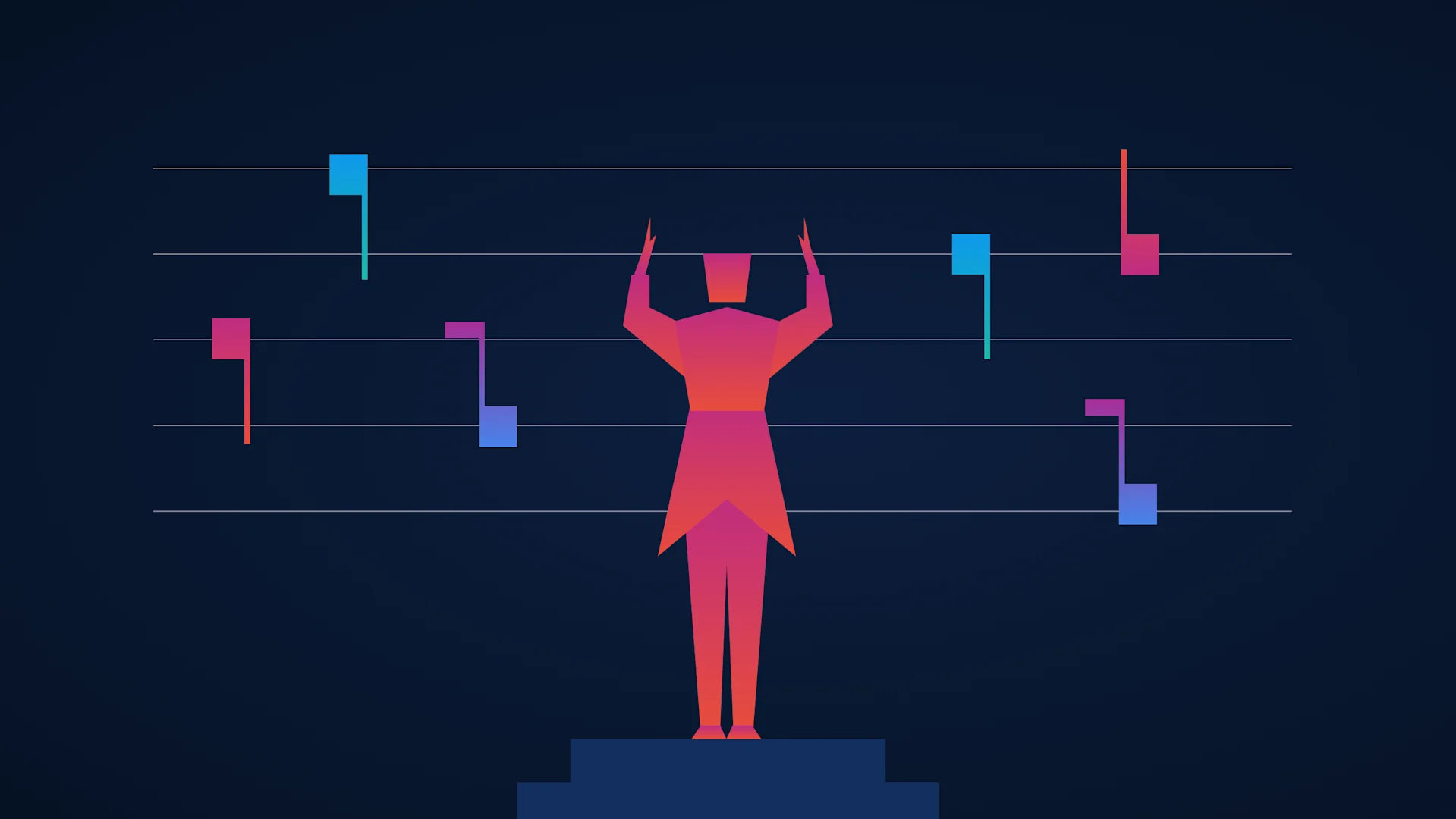 Metaphorical image of a conductor orchestrating musical notes that represent AI agents. This is a symbolic image of agentic orchestration.