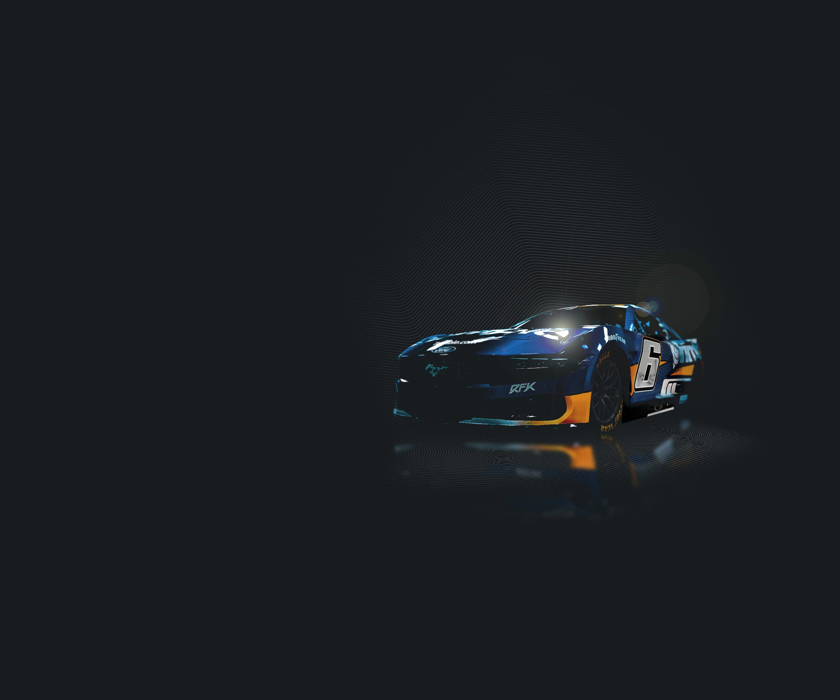 A blue and orange RFK Racing No. 6 Ford Mustang race car featuring Trimble sponsorship for the NASCAR Cup Series.