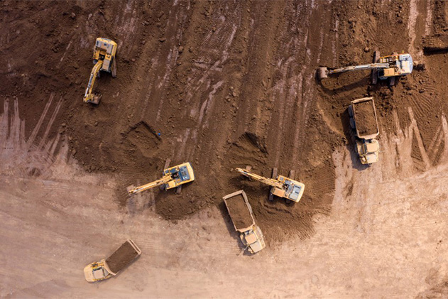 Aerial view of heavy machinery on construction site