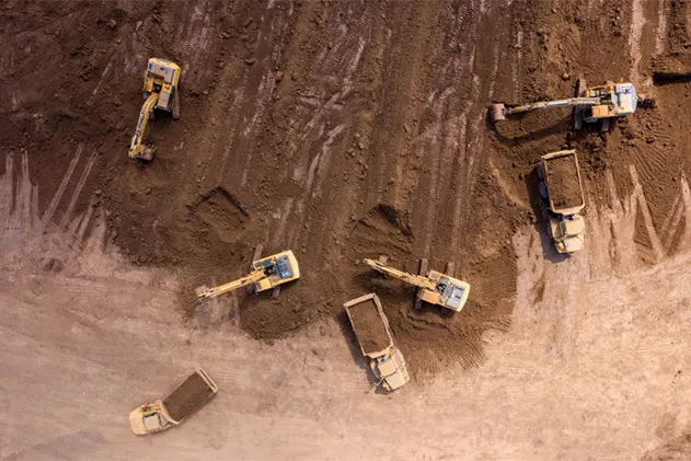 Aerial view of heavy machinery on construction site