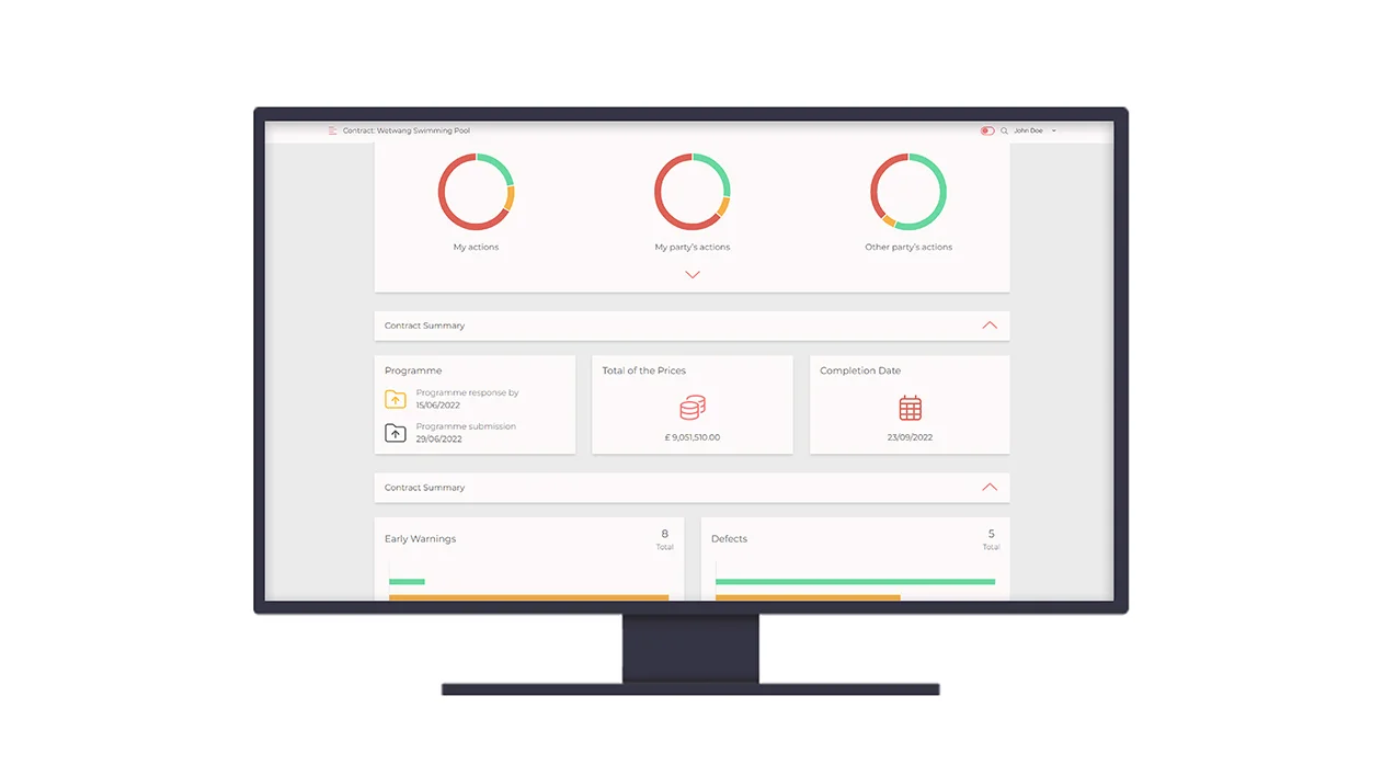 A monitor displays the Trimble CEMAR dashboard for the a Swimming Pool project, showing contract summaries and action charts.