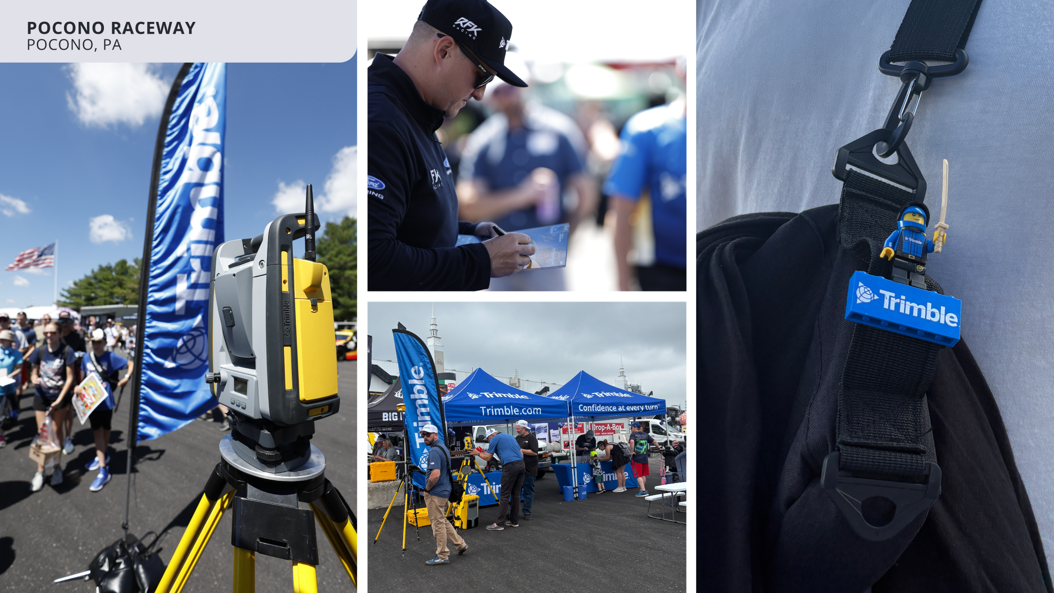 Four-panel collage at Pocono Raceway showcasing Trimble surveying equipment, an event booth, driver autographs, and a custom branded LEGO figure.