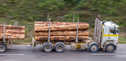 A logging truck carrying large timber logs moves along a highway surrounded by green foliage. The motion blur emphasizes speed and activity.