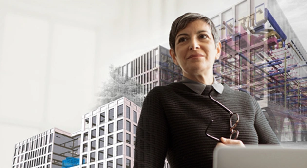 A female architect looks thoughtfully, overlaid with 3D Trimble building models and colorful MEP piping visualizations.