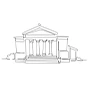 A minimalist continuous line drawing of a classical building featuring four columns and a triangular pediment.