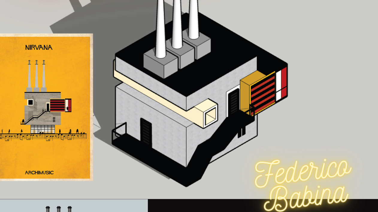An illustration of a geometric factory-like building on a musical staff, alongside a 3D isometric model.