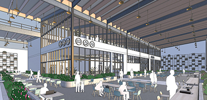 An architectural rendering of a modern community hub featuring indoor/outdoor spaces, library and café icons, created with Trimble's SketchUp software.