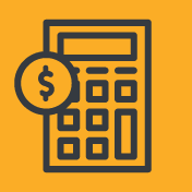 Line art of a calculator with a dollar sign coin overlapping the left side.