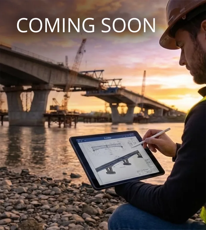 Ein Arbeiter in einer gelben Sicherheitsweste sitzt mit einem Tablet am Fuße einer riesigen Brücke, die neue zwischenmenschliche Verbindungen ermöglichen wird.