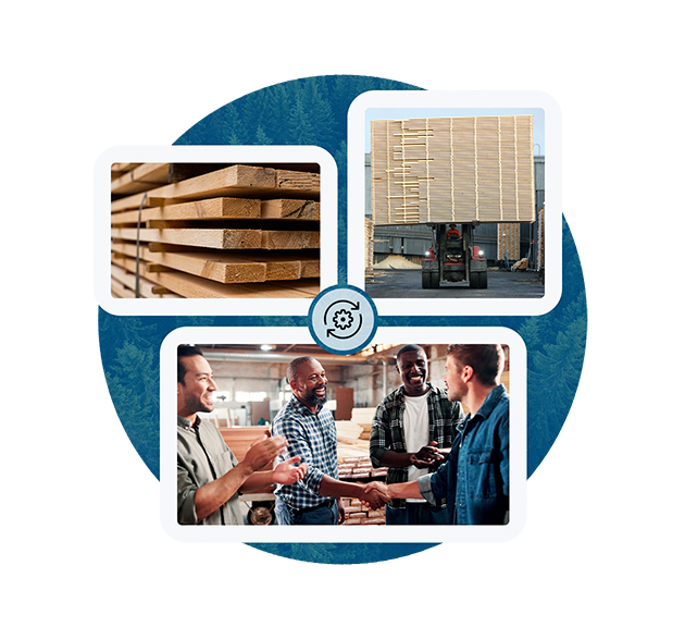 A collage showing stacked wooden planks, a forklift moving wood, and three smiling men shaking hands in a warehouse, conveying teamwork.