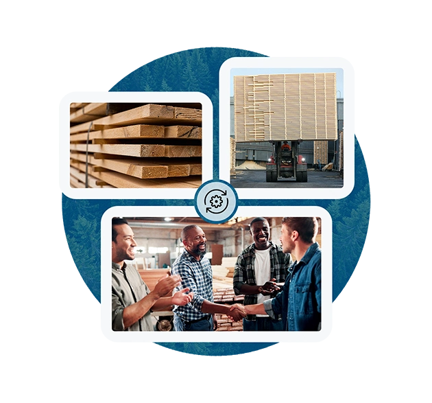 A collage showing stacked wooden planks, a forklift moving wood, and three smiling men shaking hands in a warehouse, conveying teamwork.