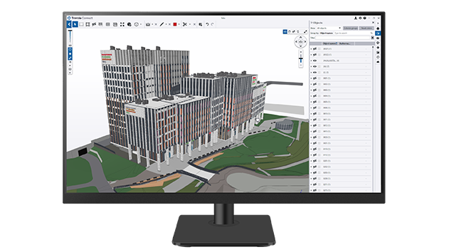 A desktop monitor displays Trimble Connect software.