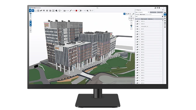 A desktop monitor displays Trimble Connect software.
