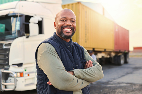 Smiling male truck driver with folded arms standing in front of his semi-truck and shipping containers at a depot.