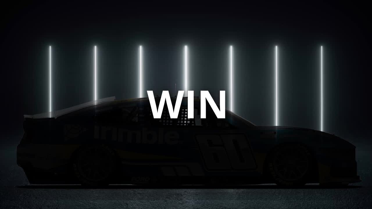 A dimly lit, silhouetted race car is shown against a dark background with vertical neon lights and the word "WIN" in large white letters.