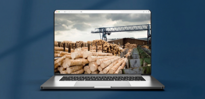 Large piles of stacked timber logs at a lumber yard with an industrial gantry crane in the background.