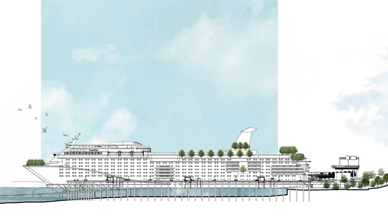 Architectural line drawing of a cruise ship elevation featuring green trees on upper decks, set against a light blue watercolor sky.