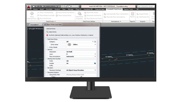 A desktop monitor displays Trimble Field Point software.
