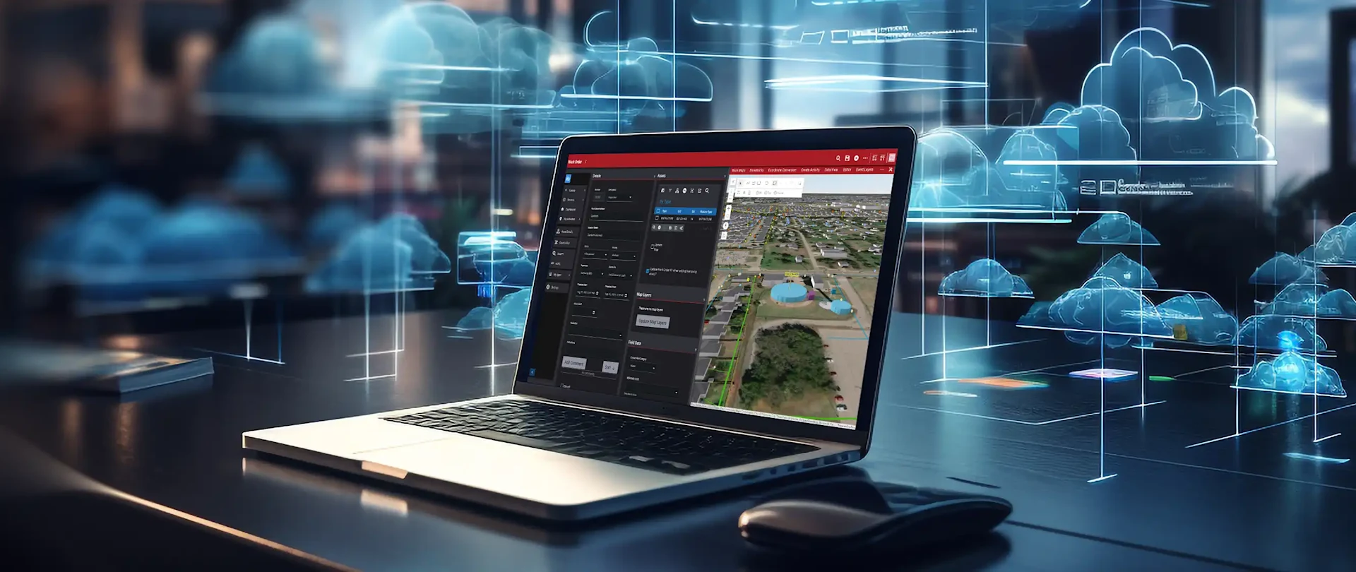 SaaS technology concept with computer and digital clouds
