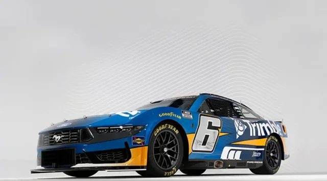 NASCAR #6 Ford Mustang featuring a blue and yellow Trimble sponsorship livery for RFK Racing driver Brad Keselowski.