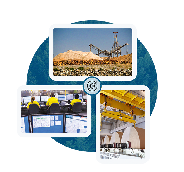 Illustration eines industriellen Prozesses. Oben: Maschinen neben einem Holzstapel. Links: Arbeiter an Computermonitoren. Rechts: gestapeltes Holz unter blauem Himmel.